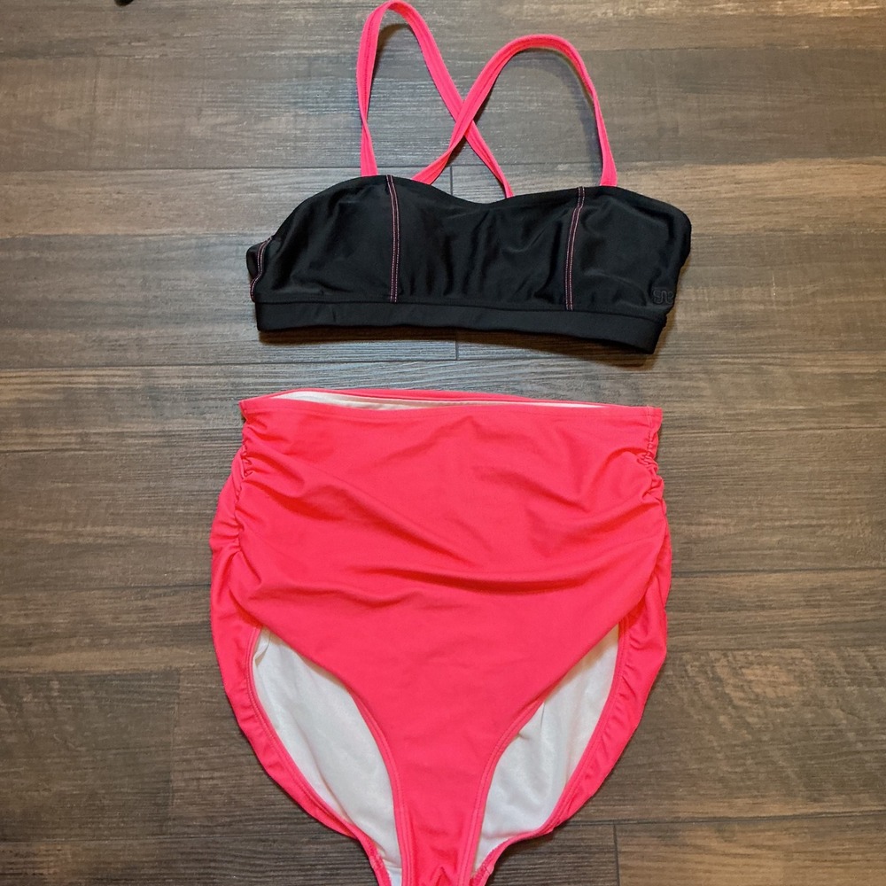 Albion Fit Kelsey Wells Bikini Set Womens Medium Black Pink High Waist Excellent
